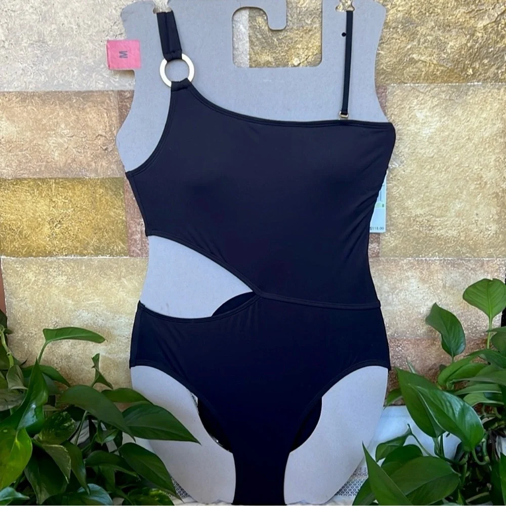 NEW Michael Kors One Shoulder O-Ring Black Cut-Out One Piece Swimsuit, Size 8